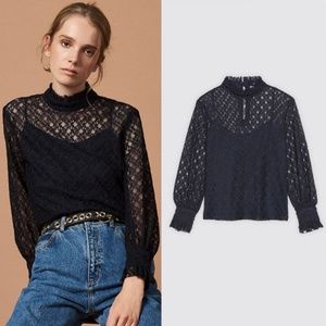 Sandro 2-piece High Neck Navy Lace Top with Camisole Sz M (2 FR)